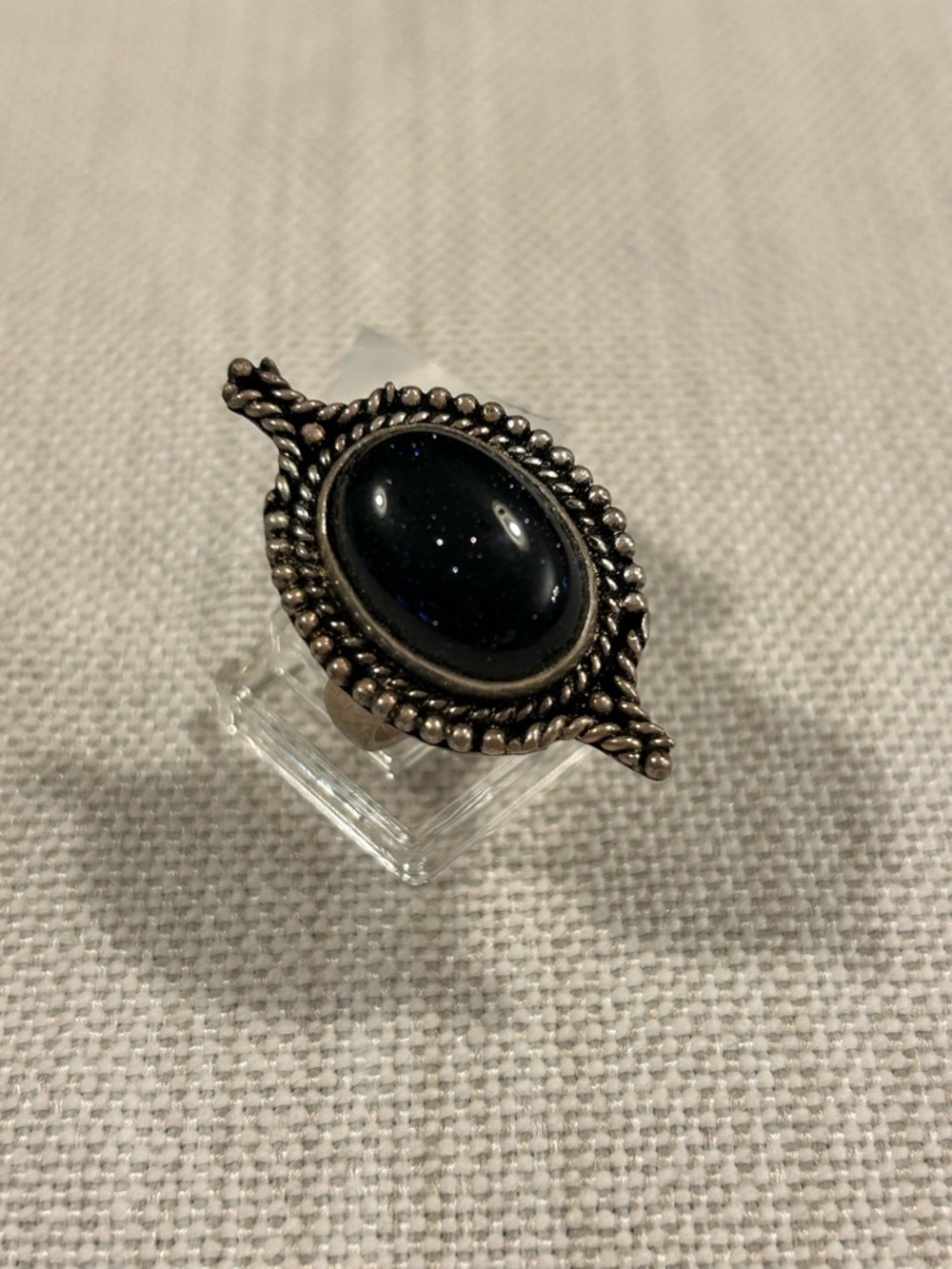 Vintage-Inspired German Silver Ring with Dark Blue Sun Stone